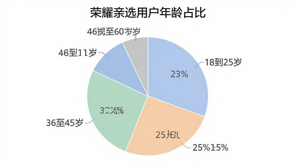 一张展示荣耀亲选用户年龄分布的饼状图,图表标题为荣耀亲选用户年龄占比,图中显示18到25岁占百分之二十,26到35岁占百分之三十五,36到45岁占百分之二十五,46到60岁占百分之二十,图表配色柔和清晰,背景简洁,无多余装饰元素