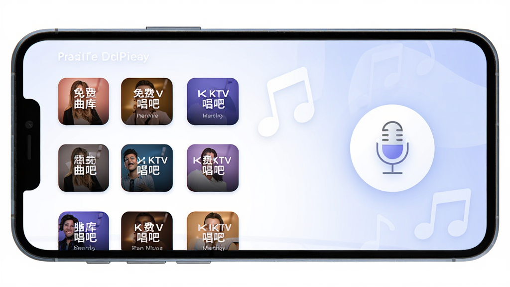 免费KTV唱吧 手机K歌应用主界面 展示曲库列表和麦克风图标 布局简洁 排版清晰 风格现代扁平 细节圆润 画质干净 无多余元素
