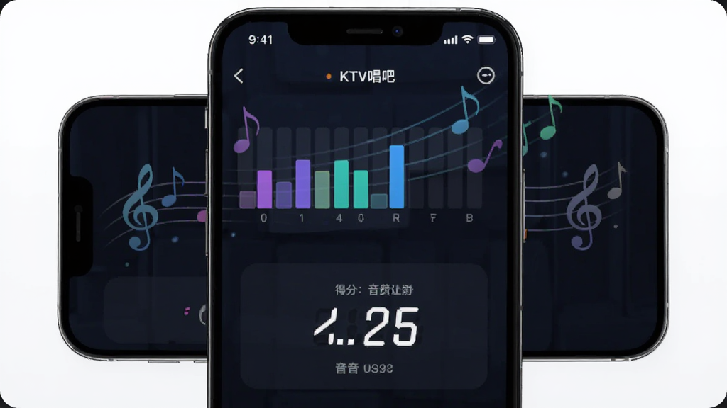 免费KTV唱吧 录音评分界面 展示音准条和得分数字 主体为手机屏幕 布局居中 排版上下结构 风格科技感 细节有音符元素 画质清晰 干净 无多余元素