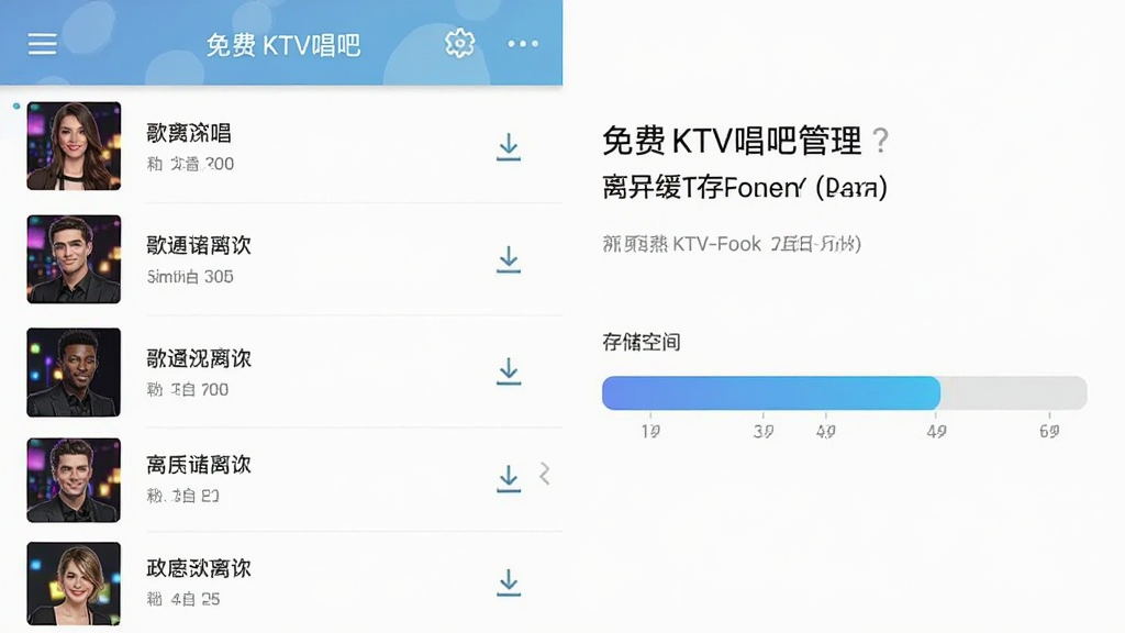 免费KTV唱吧 离线缓存管理界面 展示歌曲列表和存储空间占用条 主体为手机应用截图 布局列表式 排版左图右文 风格简约 细节有下载箭头图标 画质干净 无多余元素