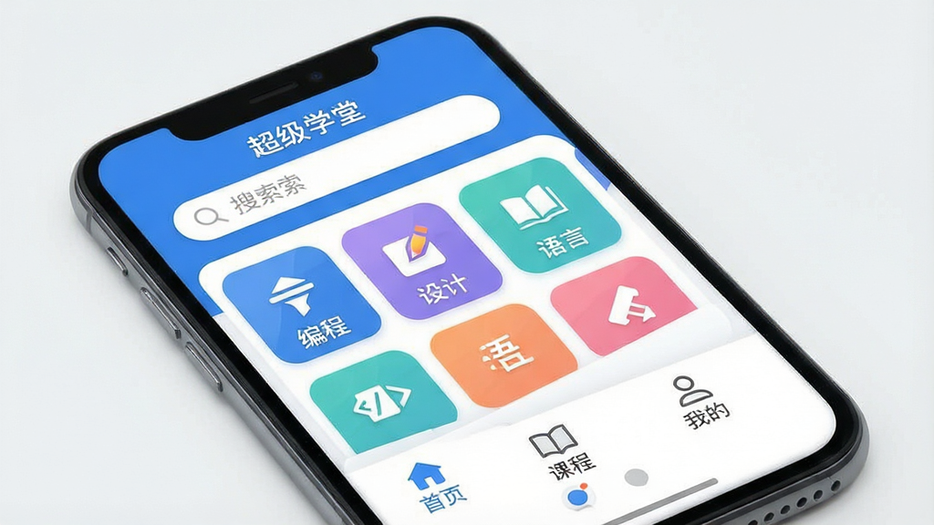 一张展示“超级学堂”应用核心全貌的图片。主体为一个手机屏幕,屏幕上显示“超级学堂”APP的主界面,界面采用蓝白配色,顶部有搜索框,中间是课程分类卡片,包括编程、设计、语言等,底部有首页、课程、我的三个选项卡。布局简洁清晰,排版整齐。风格为现代扁平化设计,细节圆润。画质高清,干净,无多余元素。