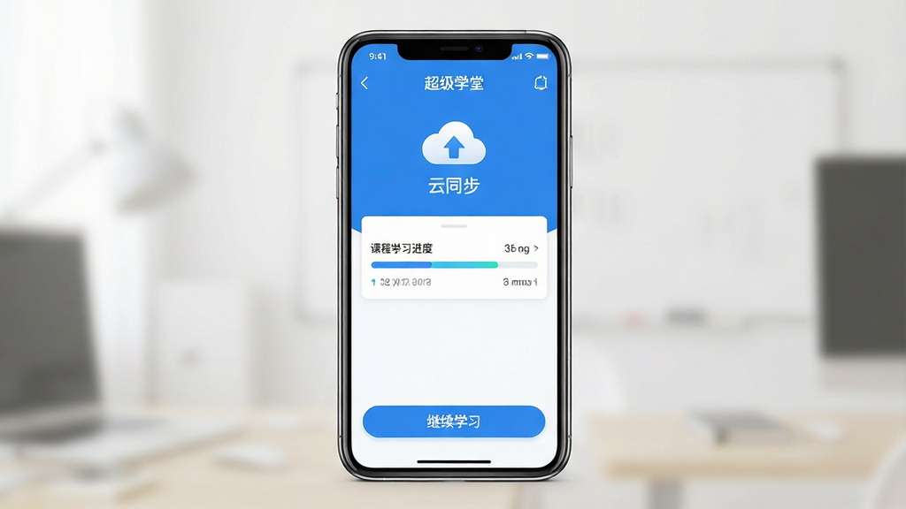 一张展示“超级学堂”学习记录同步功能的图片。主体是一个手机屏幕,屏幕上显示“超级学堂”APP的学习记录页面,顶部有“云同步”图标,中间显示课程学习进度条,底部有“继续学习”按钮。布局简洁,排版清晰。风格为现代扁平化设计,配色以蓝白为主。画质高清,干净,无多余元素。