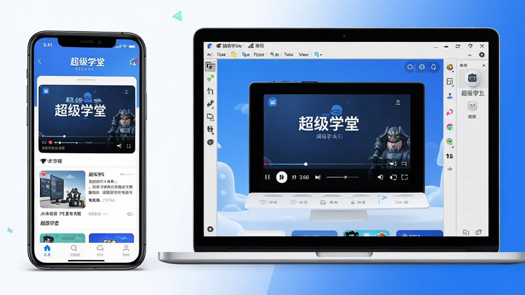 一张展示“超级学堂”在手机和电脑上使用的场景图。主体为一部手机和一台笔记本电脑,手机屏幕上显示“超级学堂”APP的课程播放界面,电脑屏幕上显示安卓模拟器运行“超级学堂”的界面。布局为左右并排,排版清晰。风格为现代科技感,配色以蓝白为主。画质高清,干净,无多余元素。