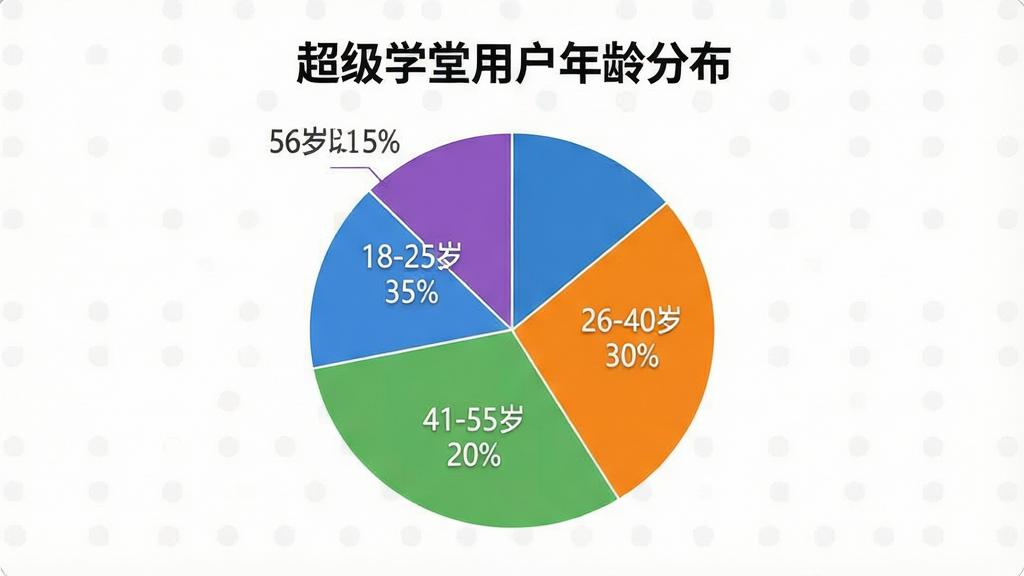 一张展示“超级学堂”用户年龄分布的饼状图。主体为一个饼状图,图表标题为“超级学堂用户年龄分布”,饼图分为四个部分,分别标注“18-25岁 35%”、“26-40岁 30%”、“41-55岁 20%”、“56岁以上 15%”。布局居中,排版清晰。风格为现代扁平化图表设计,配色为蓝、绿、橙、紫。画质高清,干净,无多余元素。