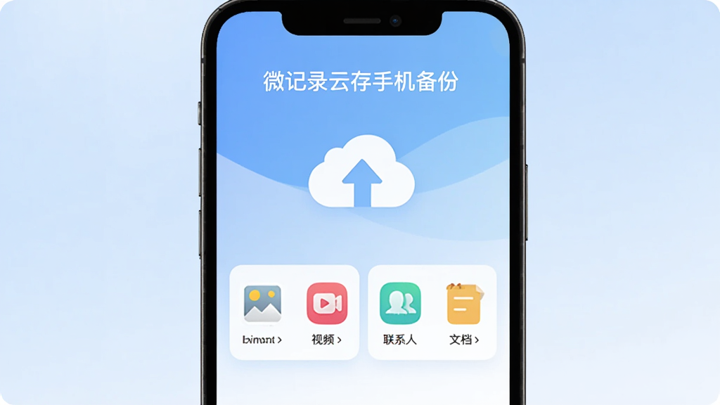 手机屏幕中央显示一个带有云朵和向上箭头图标的备份界面,界面顶部写着