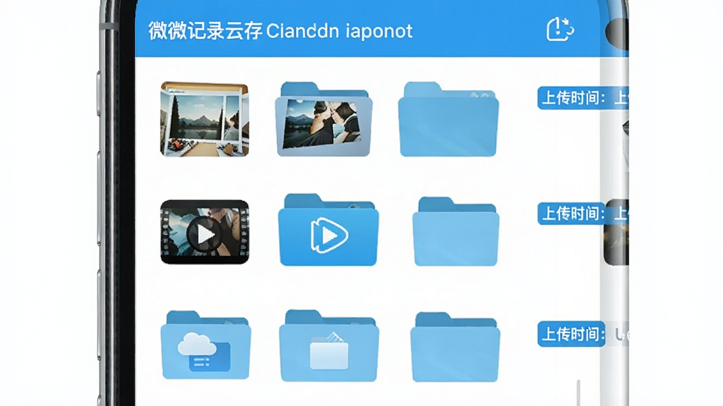 微记录云存手机备份的云端文件管理界面,屏幕中显示分类清晰的相册、视频、文档文件夹,每个文件夹上有对应的缩略图预览,界面右侧有上传时间标签,整体布局整齐干净,风格清新明亮,画质清晰无杂乱元素