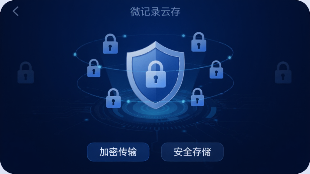 微记录云存手机备份的隐私安全设置界面,画面中央是一个盾牌图标,周围环绕着锁和加密符号,背景为深蓝色科技感渐变,界面下方有