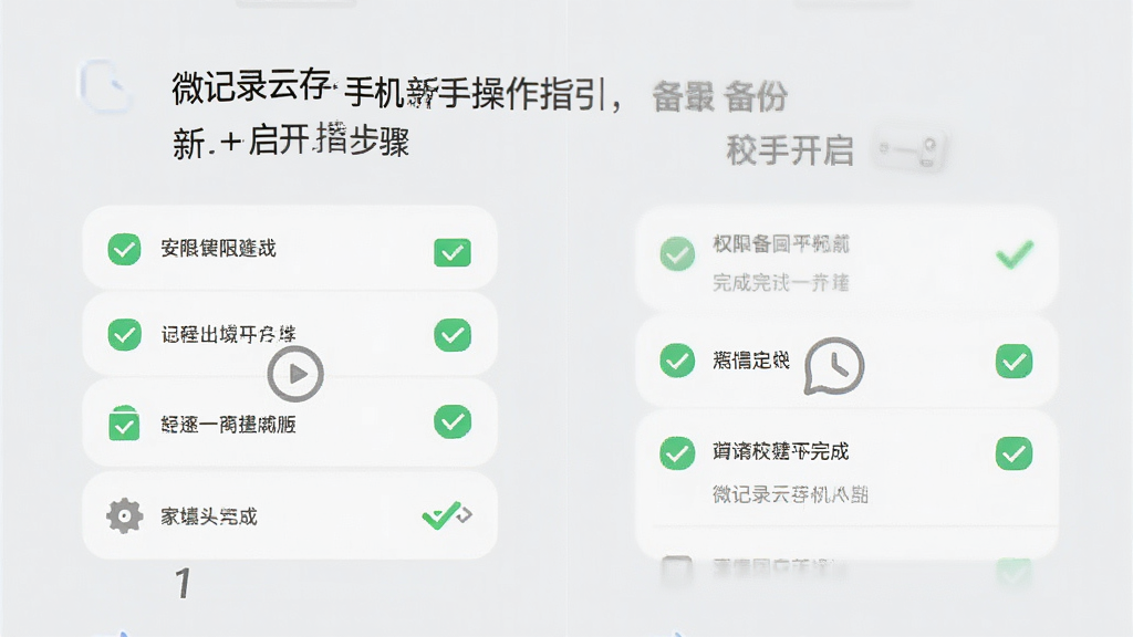 微记录云存手机备份的新手操作指引界面,手机屏幕显示权限开启的步骤图示,用绿色对勾标注已完成的权限项,背景为浅灰色,界面简洁明了,文字清晰易读,画质干净无多余装饰