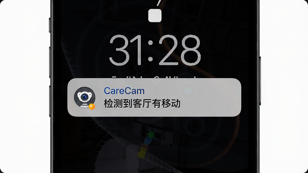 һ��չʾCareCam�ƶ���ⱨ�����ܵ�ͼƬ��������һ���ֻ��������棬��Ļ�ϵ���һ��CareCam��֪ͨ��֪ͨ������ʾ����⵽�������ƶ�������������ɫģʽ�����־�����ʾ���Ű�����������࣬ϸ����֪ͨͼ����һ������ͷ��״�����ʸɾ����޶���Ԫ�ء�