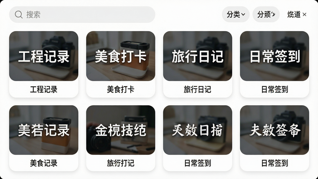 一张AI水印相机水印模板选择界面的图片,画面呈现网格状排列的水印缩略图卡片,卡片上分别展示着工程记录、美食打卡、旅行日记、日常签到等不同样式的水印预览,每张卡片下方有对应的分类标签文字,界面以白色为底,卡片圆角设计,顶部有搜索框和分类筛选按钮,整体风格清爽整洁,画质清晰,无多余装饰元素。