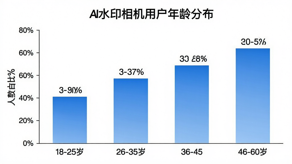 一张柱状图展示AI水印相机用户年龄分布,横轴标注年龄段18-25岁、26-35岁、36-45岁、46-60岁,纵轴标注人数占比百分比,柱状图用蓝色渐变填充,每个柱子上方标注具体百分比数值,背景为白色,图表标题为“AI水印相机用户年龄分布”,整体风格简洁专业,画质清晰,无多余元素。