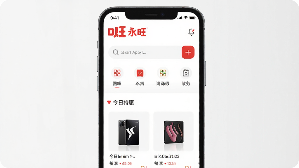 手机屏幕展示永旺App主界面,顶部是永旺的红色Logo,中间是搜索框和分类图标,下方是今日特惠商品列表,背景干净明亮,整体风格现代简约,画质清晰,无多余元素