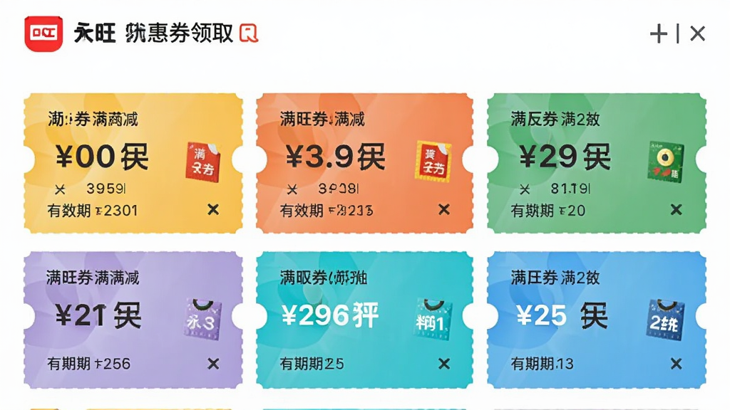 永旺App优惠券领取界面,展示多张不同颜色的优惠券卡片,标注满减金额和有效期,界面布局清晰,风格简洁,画质干净