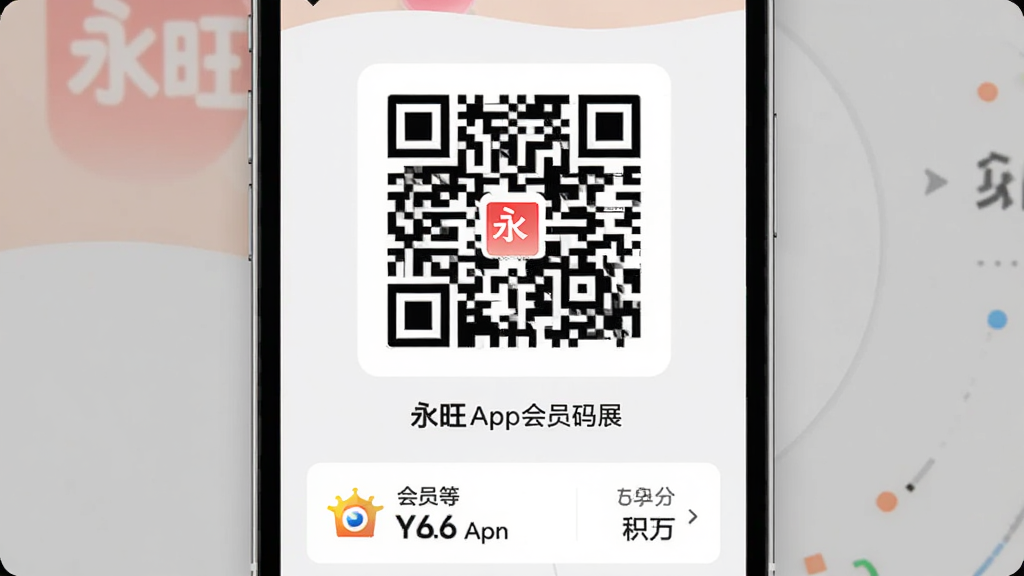 永旺App会员码展示界面,一个大大的二维码在屏幕中央,下方有会员等级和积分信息,背景简洁,风格现代,画质干净