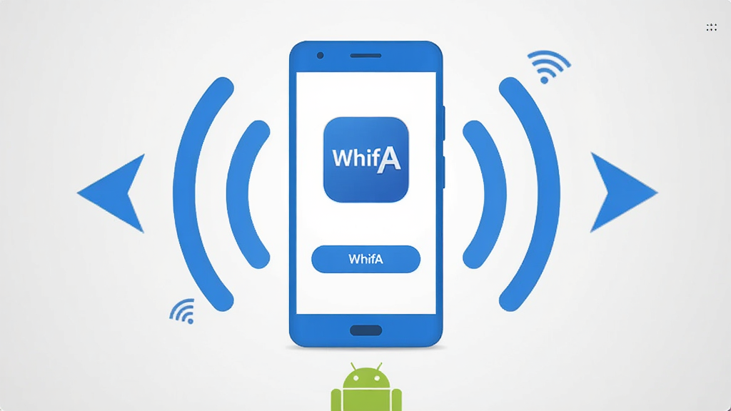 WhifA����������ȫòչʾ������������������ɫ���ֻ���Ļ����Ļ����ʾWhifAӦ��ͼ��ͼ������Ӱ�ť����Χ������WiFi�źŲ��ƺͼ��ټ�ͷͼ�꣬�����Ǹɾ���ǳ��ɫ���䣬�ֻ��·��а�׿������Сͼ���׺���������ִ���ƽ�������������ɾ����޶���Ԫ��