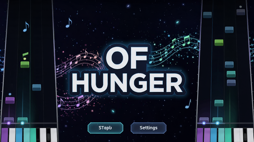 һ��չʾOF HUNGER��Ϸ�������ͼƬ������������OF HUNGER��Ӣ�ı���Logo����������ɫ�ǿ�����������������Ч���·��п�ʼ��Ϸ�����ð�ť������ֲ��Ž�������������������飬��������ſƼ��У����������ɾ����޶���Ԫ��