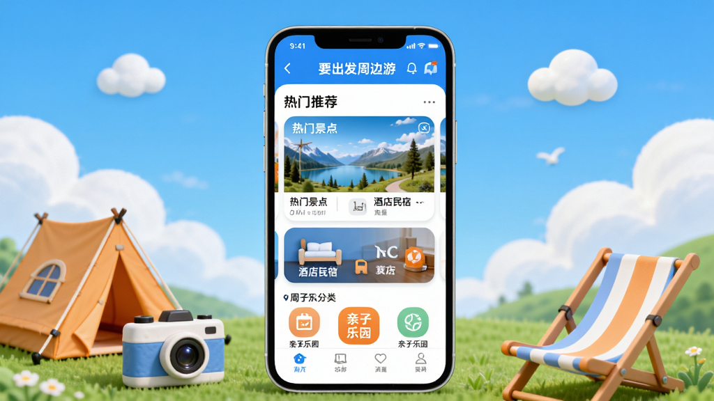 Ҫ�����ܱ���APP������ȫòչʾ���ֻ���Ļ������ʾҪ�����ܱ��ε���ҳ�Ƽ�ҳ�棬�������ž��㿨Ƭ���Ƶ�������ں�������԰����ͼ�꣬��Χ��������ĩ����Ԫ�������������ɳ̲�Σ�������������������ƺ���ɫ�ݵأ�������»��ã�ɫ�������׳�Ϊ����ϸ��Բ��ɾ������ʸ����޶���Ԫ��