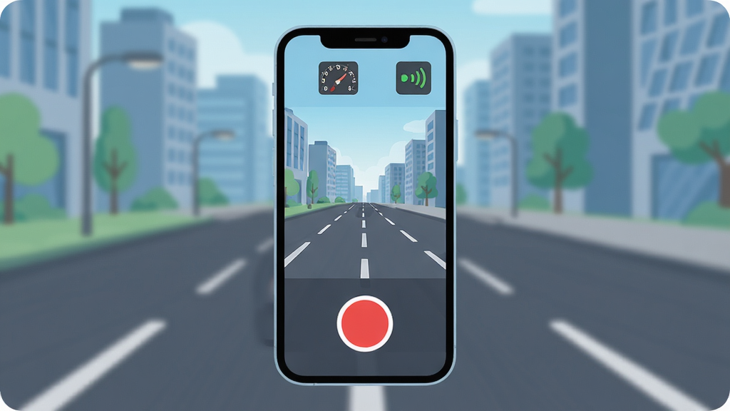 ��·��App������չʾ���ֻ���Ļ������ʾʵʱ�г���¼���棬�·�����Ŀ�ĺ�ɫ¼�ư�ť��������ʾ���ٺ�GPS�ź�ͼ�꣬�����ǳ��е�·�羰�����岼�ּ������������ִ���ƽ��ϸ��Բ�󣬻��ʸɾ��޶���Ԫ��