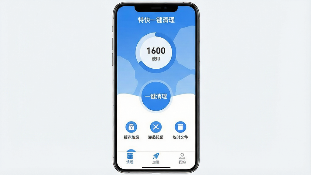 一张展示手机屏幕的图片,屏幕中央是“特快一键清理”App的主界面,界面设计简洁,以蓝白配色为主,顶部显示手机存储空间使用情况的环形图,中间是一个醒目的圆形“一键清理”按钮,按钮下方列出“缓存垃圾”、“卸载残留”、“临时文件”等分类图标,底部有“清理”、“加速”、“我的”三个导航标签,整体风格现代扁平,画质干净清晰,无多余元素。