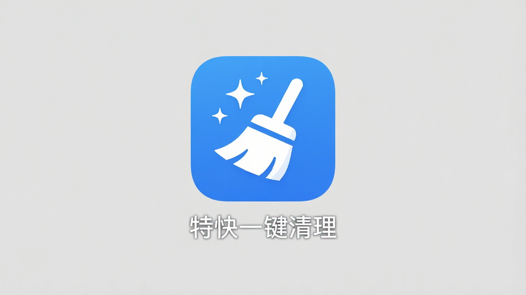 一张手机桌面截图风格的图片,桌面上只有一个名为“特快一键清理”的App图标,图标设计简洁,是一个蓝色背景上带有白色扫帚和星光的图案,图标下方文字清晰,桌面背景是干净的纯色,周围没有其他任何多余的应用图标或小组件,突出软件的轻量和简洁,画质干净无多余元素。
