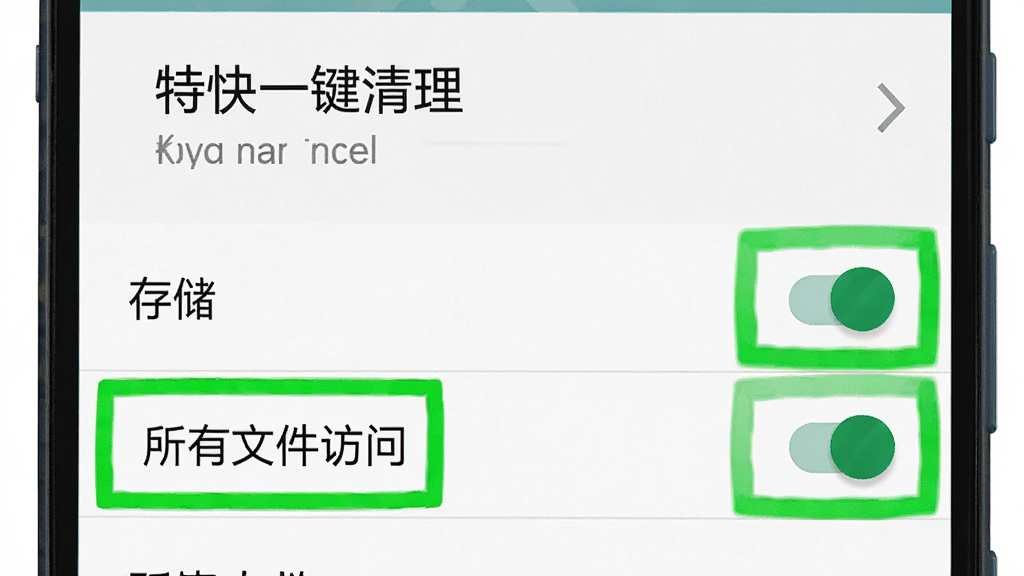 一张手机设置界面的截图风格图片,显示“特快一键清理”的权限管理页面,页面中“存储”和“所有文件访问”两个权限开关被高亮标注为绿色开启状态,背景是安卓原生风格的设置菜单,文字清晰可辨,整体风格简洁直观,画质干净无多余元素。