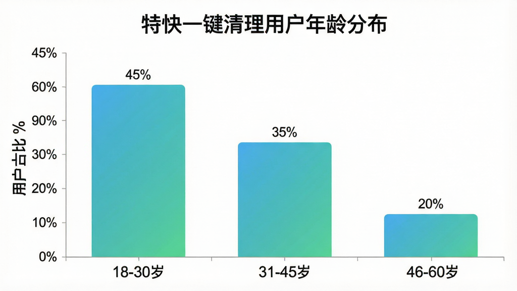 一张柱状图,横轴标注年龄区间“18-30岁”、“31-45岁”、“46-60岁”,纵轴标注用户占比百分比,柱状图显示18-30岁占比约45%,31-45岁占比约35%,46-60岁占比约20%,柱体颜色为清爽的蓝绿色渐变,图表标题为“特快一键清理用户年龄分布”,背景干净整洁,画质清晰无多余元素。