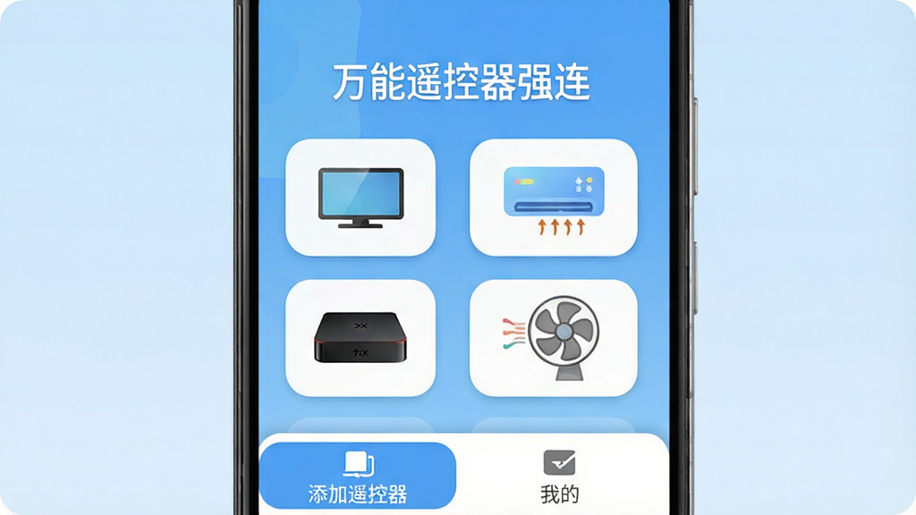 һ��չʾ����ң����ǿ���ֻ�App�������ͼƬ������������һ����׿�ֻ����ֻ���Ļ����ʾ����ң����ǿ������ҳ���������С�����ң����ǿ�������ֱ�ʶ���м������ŵ��ӡ��յ��������С����ȵȼҵ�ͼ�갴ť���ײ�������ң�������ҵ�����ѡ���������ǳ��ɫ���䣬�������ִ���࣬ͼ��Բ�����������ʸɾ����޶���Ԫ��