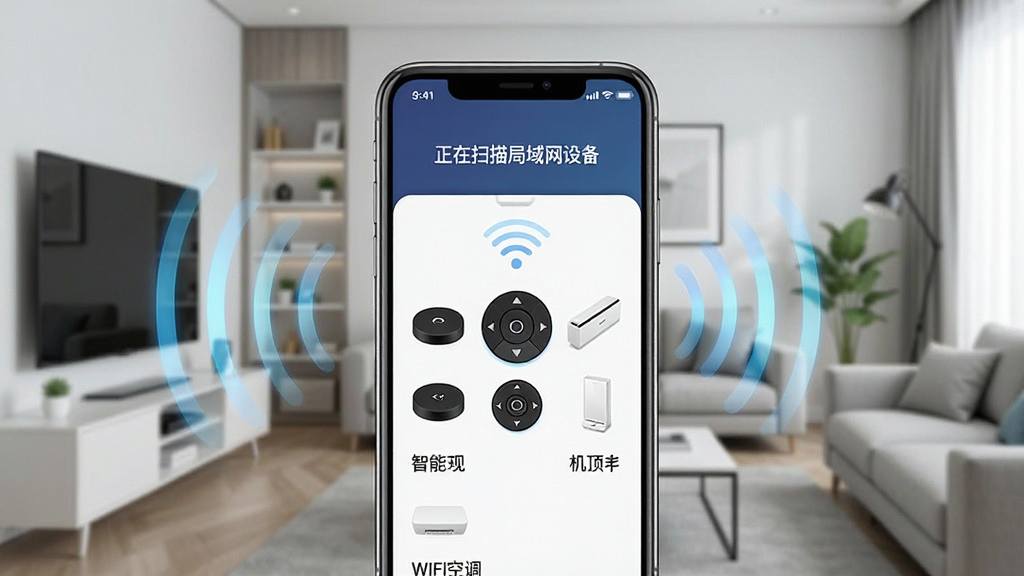 һ��չʾ����ң����ǿ��WiFi�豸ɨ������ͼƬ��������һ���ֻ���Ļ����ʾ������ɨ��������豸�����·��г����ܵ��ӡ������С�WiFi�յ����豸���ƣ��ֻ���Χ�������źŲ���ͼ�Σ������Ǽ�ͥ�������������Ƽ��м�࣬���ʸɾ����޶���Ԫ��