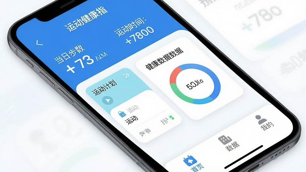 一张展示“运动健康指南”App核心界面的手机屏幕截图,画面中央是App主界面,顶部显示当日步数和运动时长,中间是运动计划卡片和健康数据环形图,底部为首页、计划、数据、我的四个选项卡,整体布局清晰,以蓝白为主色调,风格现代简洁,细节圆润,画质干净无多余元素