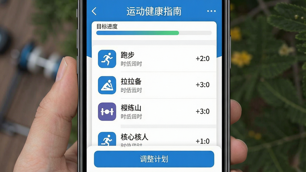 一张“运动健康指南”App的运动计划界面截图,画面中央显示一周运动计划列表,包含跑步、拉伸、核心训练等图标和时长,顶部有目标进度条,底部有调整计划的按钮,整体以蓝色和白色为主,字体清晰,布局整齐,风格扁平化设计,画质干净