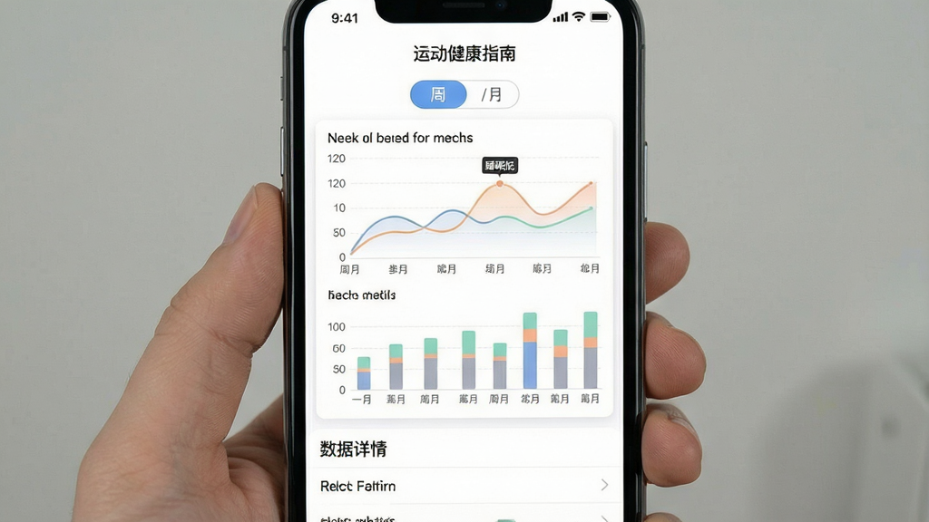一张展示“运动健康指南”App健康数据统计页面的手机截图,画面中央是折线图和柱状图组合展示一周步数与睡眠数据,图表颜色柔和,顶部有周/月切换按钮,底部有数据详情列表,整体风格简洁清晰,背景为纯白色,画质干净无多余元素