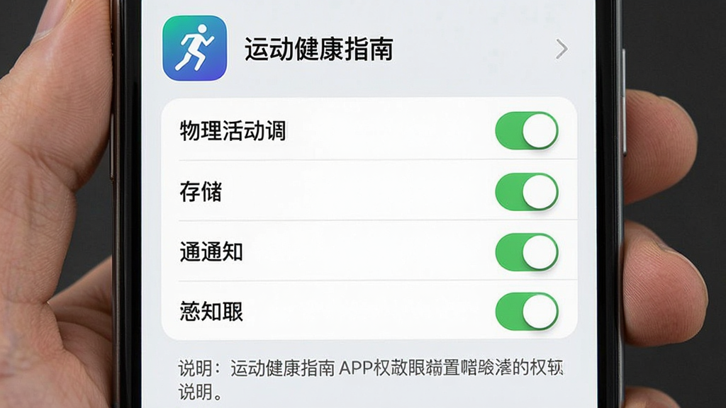 一张展示“运动健康指南”App权限设置界面的手机截图,画面中央是应用权限列表,包含物理活动、存储、通知等权限开关,顶部有应用图标和名称,底部有说明文字,整体布局清晰,以白色和浅灰色为主,风格简洁,画质干净