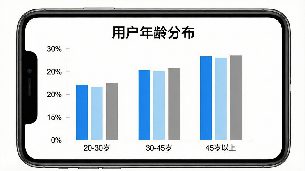 一张展示“运动健康指南”App用户年龄分布柱状图的图片,画面中央是柱状图,横轴为年龄段20-30岁、30-45岁、45岁以上,纵轴为用户占比百分比,柱子颜色分别为蓝色、浅蓝、灰色,图表上方有标题“用户年龄分布”,整体风格简洁,背景为白色,画质干净