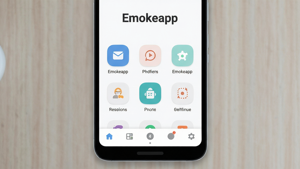 Emokeapp ����������ȫòչʾ������Ϊһ����׿�ֻ���Ļ����Ļ������ʾ Emokeapp ����ҳ���棬���ּ�࣬�������������ơ�Emokeapp���������в�Ϊ�������ͼ���������룬�ײ�Ϊ�������������Ű�����������ִ���Լ��ƽ����ϸ��Բ�󣬻��ʸɾ����޶���Ԫ�أ���������