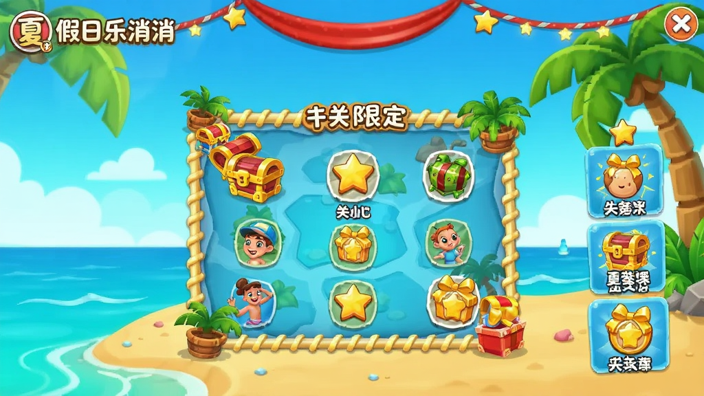 假日乐消消 主题活动界面 夏日海滩主题 节日限定装饰 关卡选择地图 卡通风格 色彩鲜艳 有宝箱和奖励图标 布局清晰 画质干净