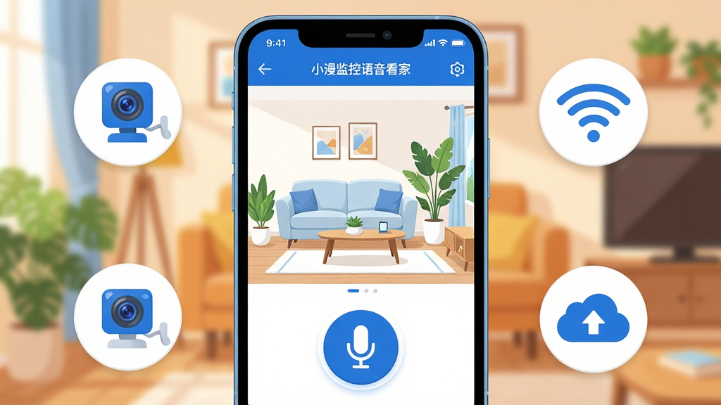 一张展示小漫监控语音看家APP核心全貌的场景图,画面中央是一部智能手机,手机屏幕上显示着小漫监控语音看家APP的实时监控画面,画面中是一个明亮的客厅,有沙发和绿植,手机下方有一个醒目的语音麦克风按钮,手机周围环绕着摄像头图标、WiFi信号图标和云存储图标,背景是温馨的家居环境,整体布局居中,风格现代扁平化,色彩以蓝白为主,细节圆润,画质干净清晰,无多余元素