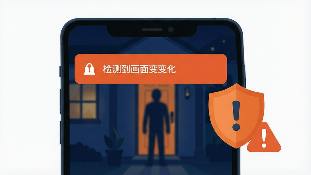 一张展示小漫监控语音看家APP移动侦测报警功能的图片,画面中一部手机屏幕弹出报警通知,通知上显示着“检测到画面变化”的字样,手机背景是夜晚的家庭门口场景,有一个模糊的人影轮廓,手机旁边有一个盾牌图标和感叹号图标,整体布局上方是手机下方是场景,风格现代扁平,色彩以深蓝和橙色为主,细节清晰,画质干净,无多余元素