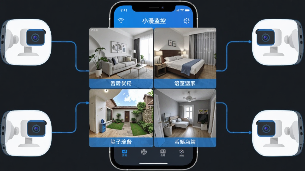 一张展示小漫监控语音看家APP多设备同时查看功能的图片,画面中央是一部手机,手机屏幕上显示着四个监控画面分屏,分别对应客厅、卧室、院子和店铺,每个画面下方有设备名称标签,手机周围有四个摄像头图标用线连接,整体布局居中对称,风格科技感扁平化,色彩以蓝白和深灰为主,细节清晰,画质干净,无多余元素