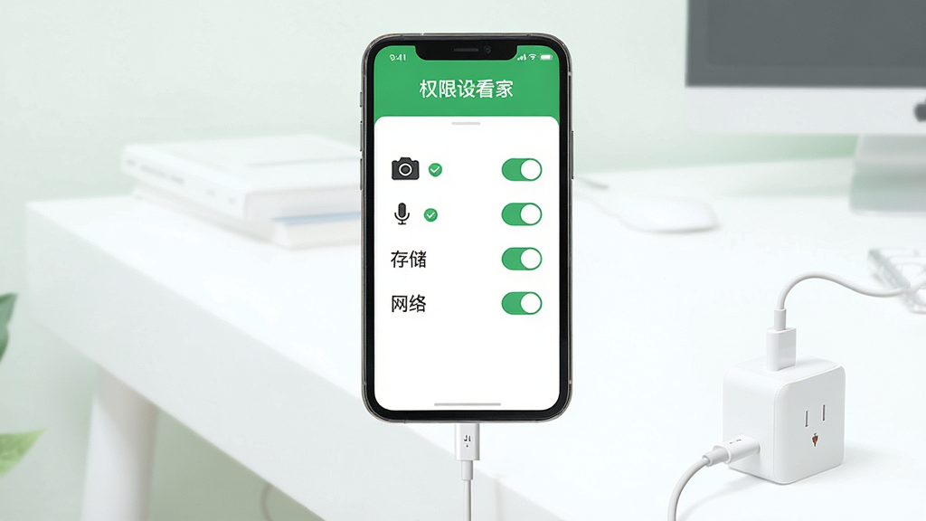 一张展示小漫监控语音看家APP新手设置步骤的示意图,画面中一部手机屏幕上显示着权限设置界面,界面中有相机、麦克风、存储、网络四个权限开关,开关旁边有勾选标记,手机下方有充电线连接着充电器,背景是简洁的书桌,整体布局上下结构,风格扁平化教学风,色彩以绿色和白色为主,细节清晰,画质干净,无多余元素