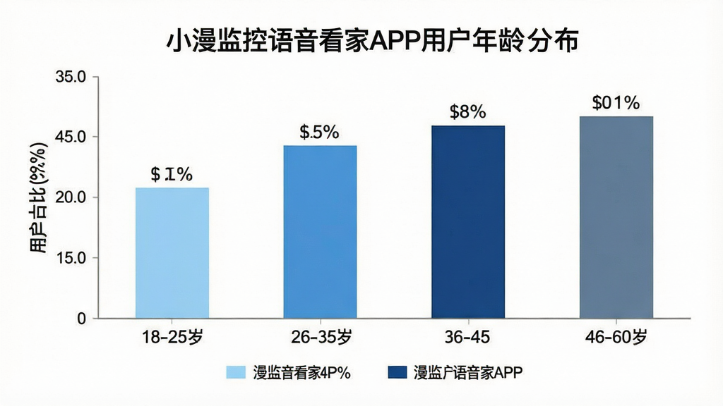 一张展示小漫监控语音看家APP用户年龄分布的柱状图,画面中是一个柱状图,横轴标注着18-25岁、26-35岁、36-45岁、46-60岁四个年龄段,纵轴标注着用户占比百分比,柱状图颜色分别为浅蓝、中蓝、深蓝和灰蓝,每个柱子上方标注着具体的百分比数字,图表下方有图例说明,整体布局居中,风格简洁数据可视化,色彩以蓝色系为主,细节清晰,画质干净,无多余元素