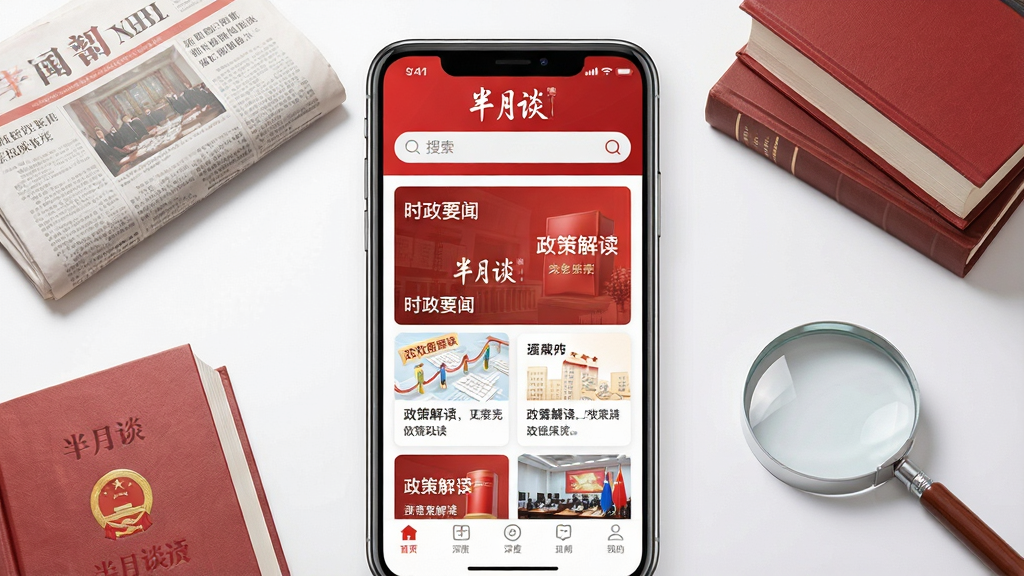 一张展示“半月谈”App核心界面的宣传图。画面中央是手机屏幕,屏幕内显示“半月谈”App的首页,顶部有搜索栏,中间是“时政要闻”、“政策解读”等卡片式布局,底部有导航栏。手机周围环绕着一些象征权威与深度的元素,如报纸、书籍、放大镜。整体风格简洁大气,以红色和白色为主色调,画质清晰干净,无多余元素。