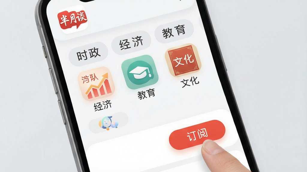 一张手机界面截图风格的图片,展示“半月谈”App的频道订阅页面。屏幕上排列着各种频道标签,如“时政”、“经济”、“教育”、“文化”等,用户正在点击“订阅”按钮。背景是柔和的浅灰色,界面设计现代扁平,图标圆润,文字清晰,画质干净,无多余元素。