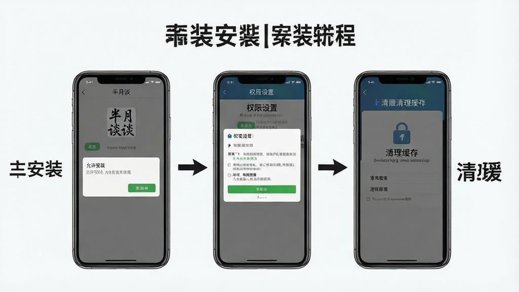 一张图文教程风格的图片,展示“半月谈”App在手机上的安装步骤。画面中有三个手机屏幕,分别显示“允许安装”、“权限设置”、“清理缓存”的界面截图,旁边配有简单的箭头和文字说明。风格清晰明了,背景干净,画质清晰,无多余元素。