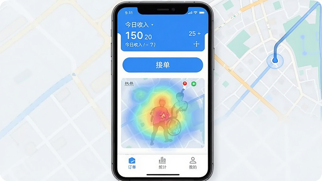 跑腿骑手配送软件主界面截图,手机屏幕显示订单列表和地图导航,蓝色和白色为主色调,顶部有今日收入统计,中间是接单按钮和热力图,底部为订单、统计、我的三个选项卡,风格简洁现代,画质清晰干净,无多余元素