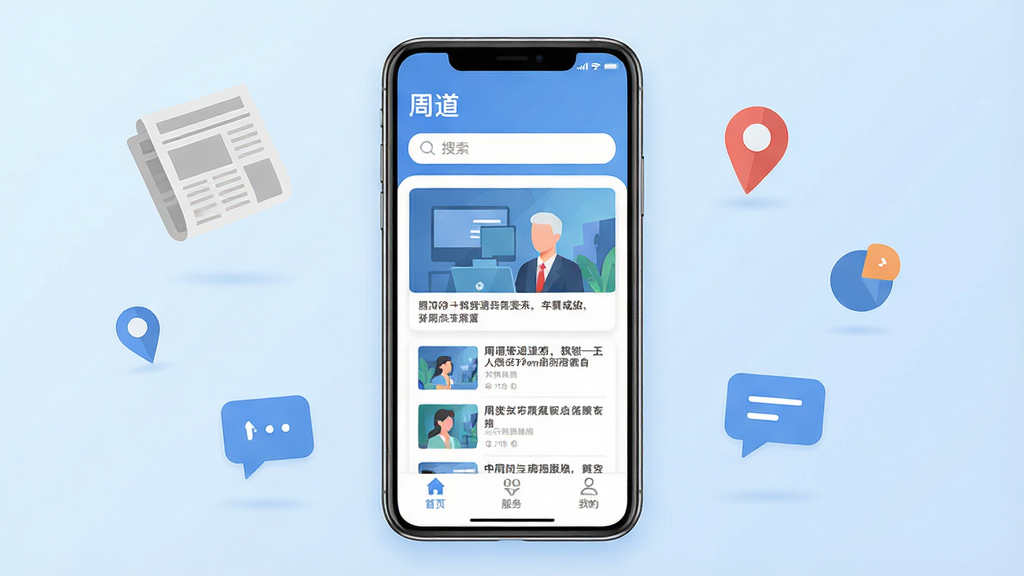 整体呈现一个现代简约风格的手机应用界面,画面中央是一部竖屏智能手机,屏幕显示“周道”App的主页,页面顶部有“周道”文字标识和搜索框,中部是图文并茂的新闻信息流卡片,底部有首页、服务、我的等导航图标,背景是柔和的浅蓝色渐变,周围漂浮着报纸、定位图标、对话框等元素,风格清新扁平,布局干净整洁,细节精致,画质高清,无多余元素