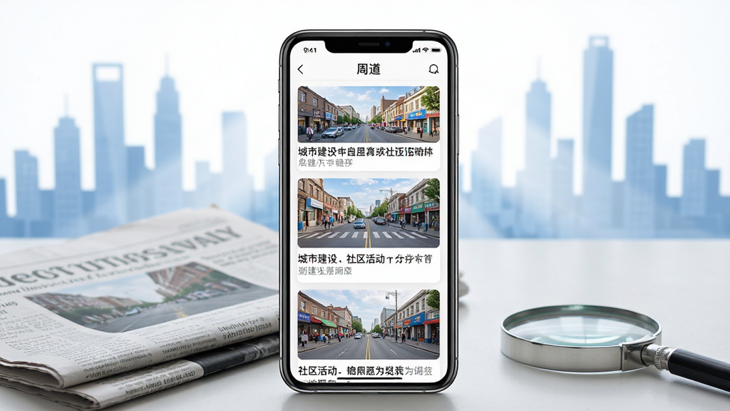 一部手机屏幕显示“周道”App的新闻列表页面,页面中展示着带有本地街景配图的新闻卡片,标题包含城市建设、社区活动等字样,手机旁边散落着报纸和放大镜,背景是明亮的城市剪影,风格写实,构图居中,细节清晰,画质干净,无多余元素