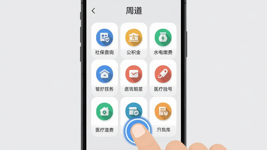 手机屏幕展示“周道”App的服务页面,页面以九宫格形式排列着社保查询、公积金、水电缴费、医疗挂号等便民服务图标,图标设计简洁统一,背景是淡灰色,手机下方有手指点击的动画示意,风格扁平化,布局规整,画质清晰,无多余元素