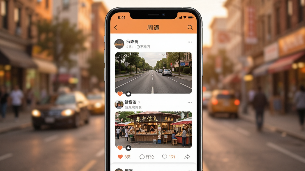手机屏幕显示“周道”App的社区互动页面,页面中有用户发布的图文帖子,内容涉及街道路况和集市信息,帖子下方有点赞和评论图标,背景是城市街景的虚化处理,风格温暖亲切,构图饱满,细节丰富,画质干净,无多余元素