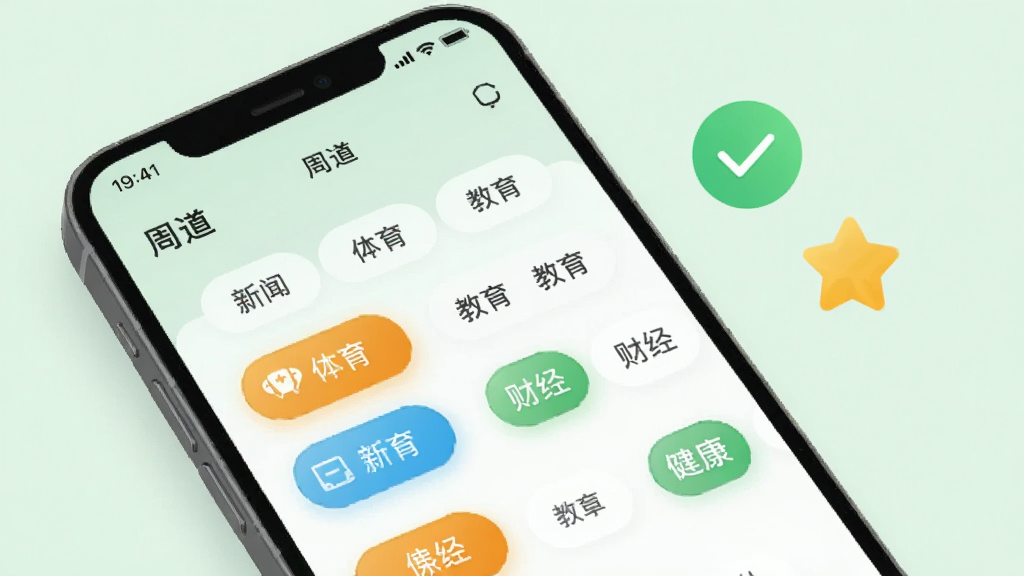 手机屏幕展示“周道”App的频道订阅管理界面,页面上排列着新闻、体育、教育、财经、健康等多个频道标签,部分标签处于选中高亮状态,背景是柔和的浅绿色,手机旁边有对勾和星星图标作为点缀,风格简约现代,布局清晰,画质干净,无多余元素