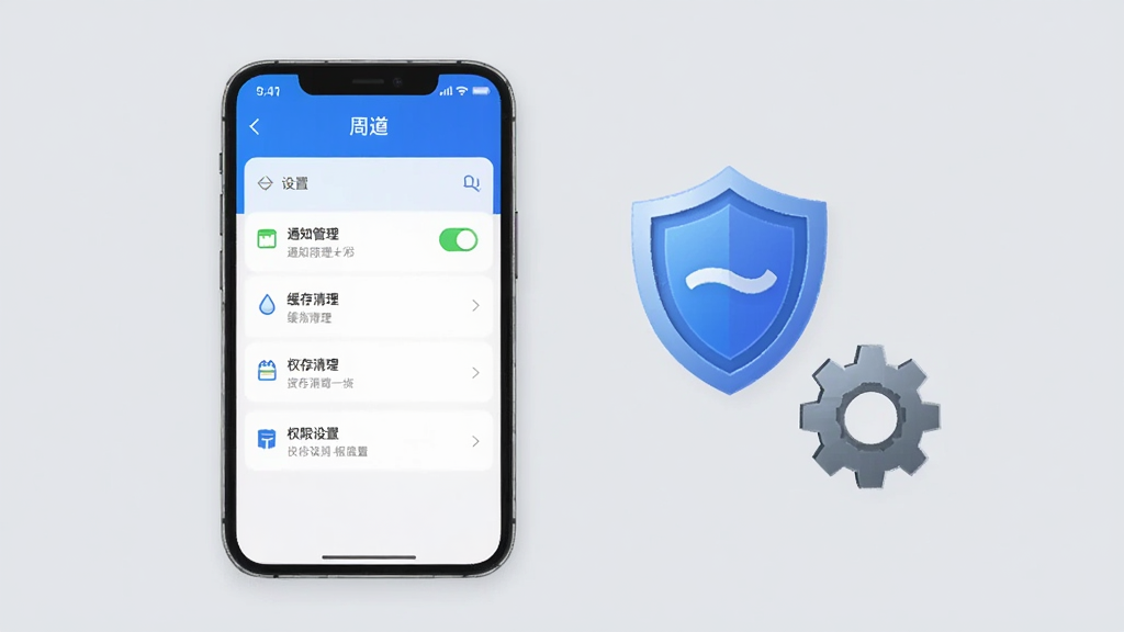 手机屏幕展示“周道”App的设置页面,页面中包含通知管理、缓存清理、权限设置等选项,手机旁边有一个盾牌图标和齿轮图标,背景是浅灰色,风格科技感,布局规整,画质清晰,无多余元素